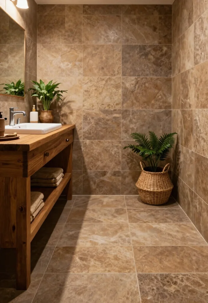 14 Brown Tile Bathroom Ideas With Cozy Warmth - 10. Stone-Look Brown Tiles 1