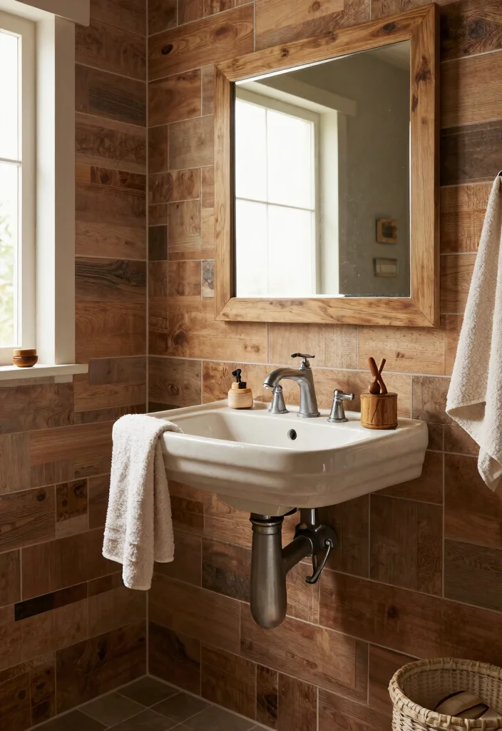14 Brown Tile Bathroom Ideas With Cozy Warmth - 11. Rustic Brown Wood Plank Tiles 1