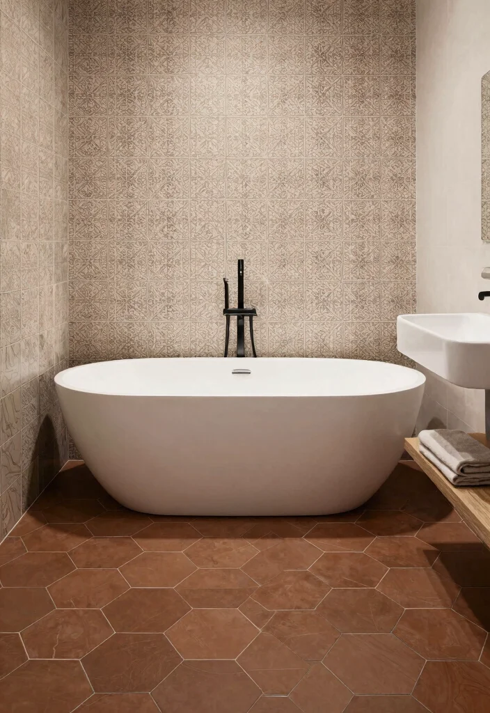 14 Brown Tile Bathroom Ideas With Cozy Warmth - 14. Brown Hexagon Tiles 1