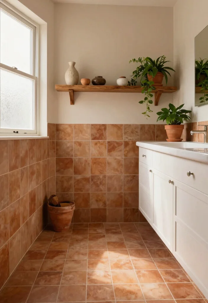 14 Brown Tile Bathroom Ideas With Cozy Warmth - 2. Textured Terracotta Tiles 1