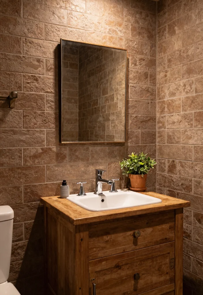 14 Brown Tile Bathroom Ideas With Cozy Warmth - 4. Rustic Brick-Look Brown Tiles 1