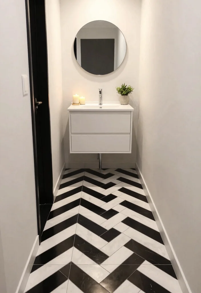 14 Chevron Tile Bathroom Ideas With Modern Pattern - 1. Bold Black and White Statement 1
