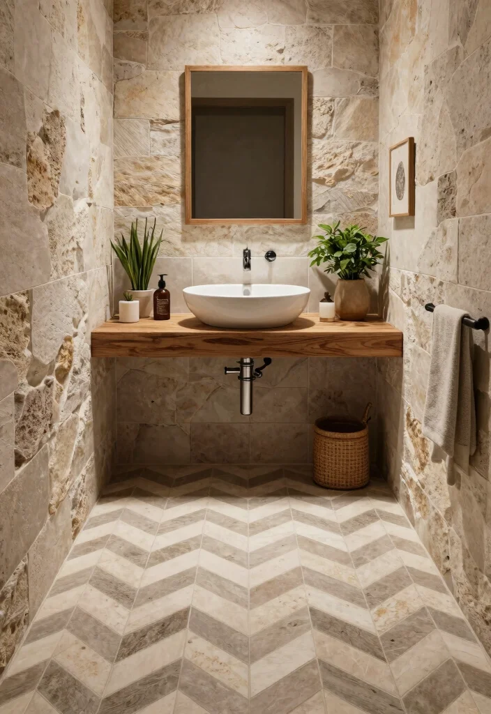 14 Chevron Tile Bathroom Ideas With Modern Pattern - 5. Mixed Materials for Unique Style 1