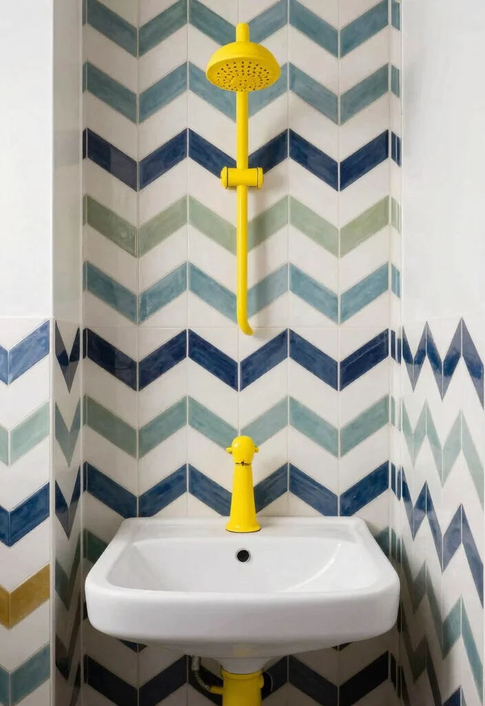 14 Chevron Tile Bathroom Ideas With Modern Pattern - 9. Chevron with Bold Fixtures 1