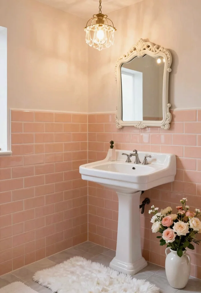14 Peach Tile Bathroom Ideas With Soft Warm Charm - 1. Vintage Elegance with Peach and White 1