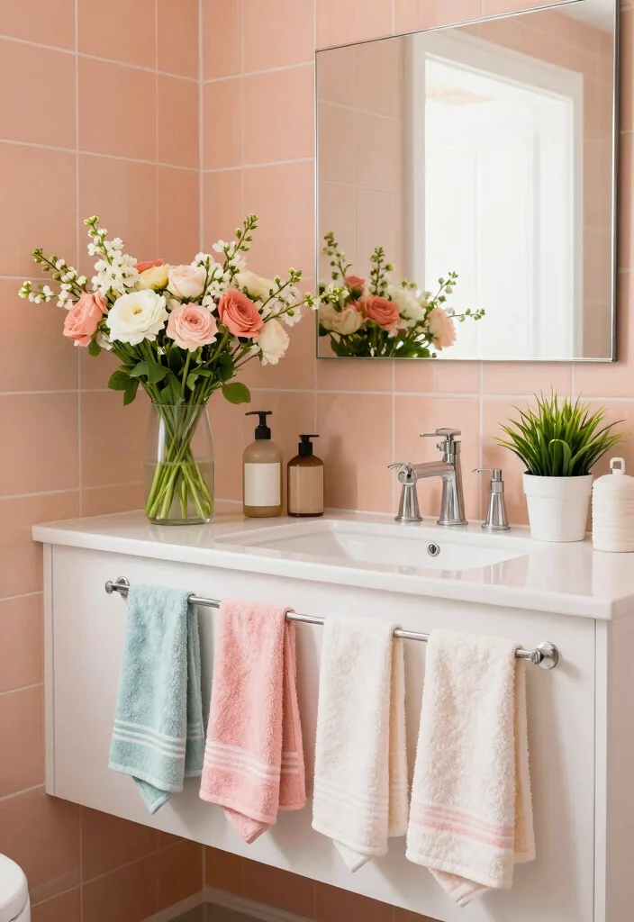 14 Peach Tile Bathroom Ideas With Soft Warm Charm - 14. Seasonal Updates with Peach Accents 1