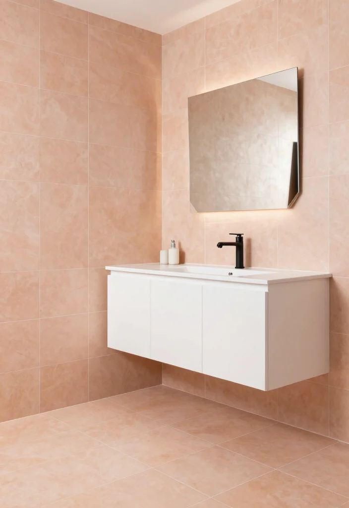 14 Peach Tile Bathroom Ideas With Soft Warm Charm - 2. Modern Minimalism Meets Peach Aesthetic 1