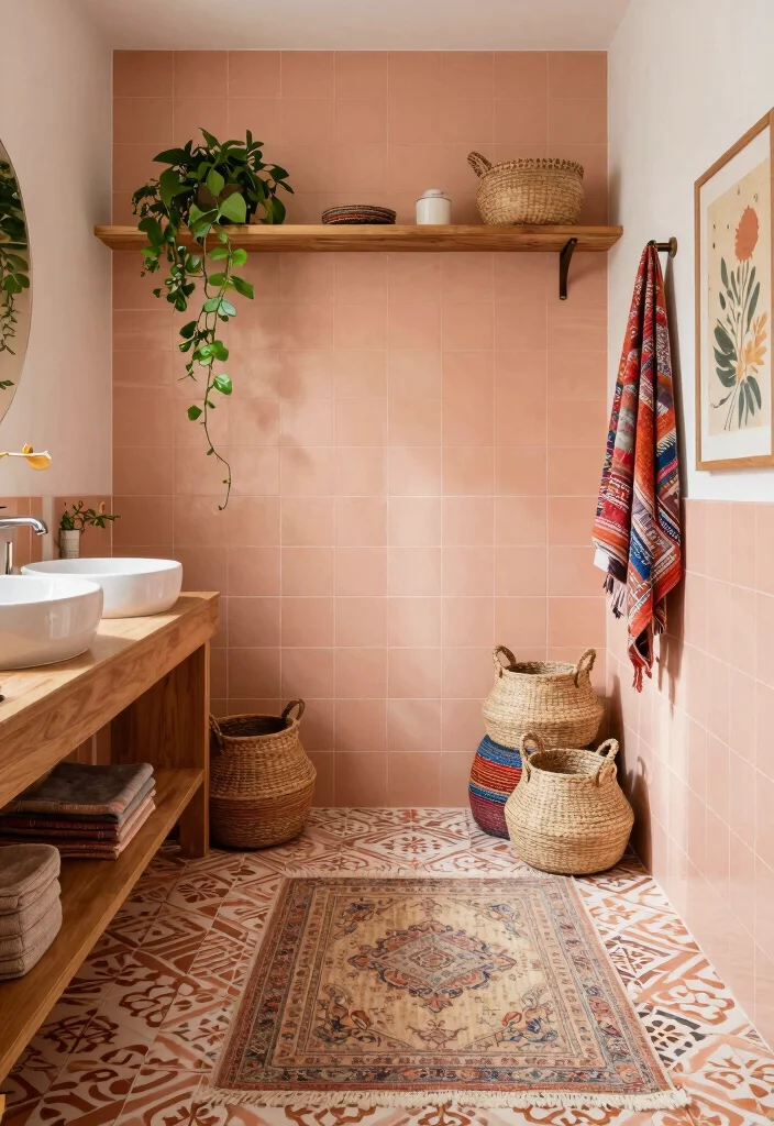14 Peach Tile Bathroom Ideas With Soft Warm Charm - 3. Bohemian Vibes with Peach Tiles 1