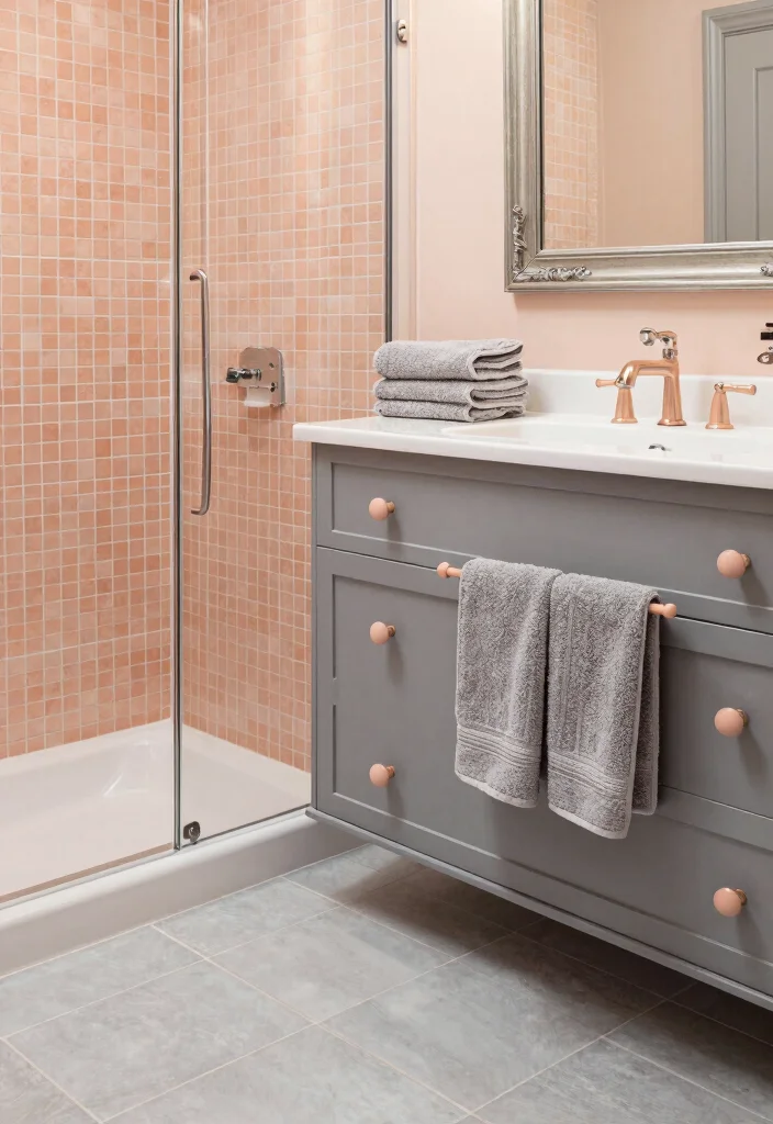 14 Peach Tile Bathroom Ideas With Soft Warm Charm - 4. Soft Peach and Gray Combinations 1