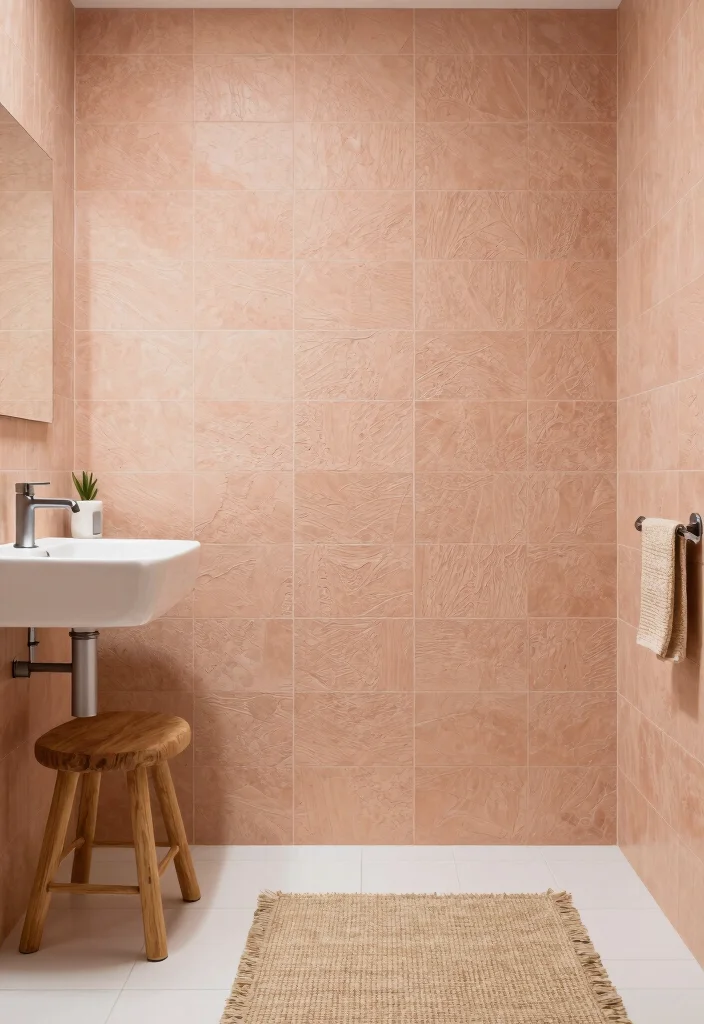 14 Peach Tile Bathroom Ideas With Soft Warm Charm - 5. Textured Peach Tiles for Depth 1