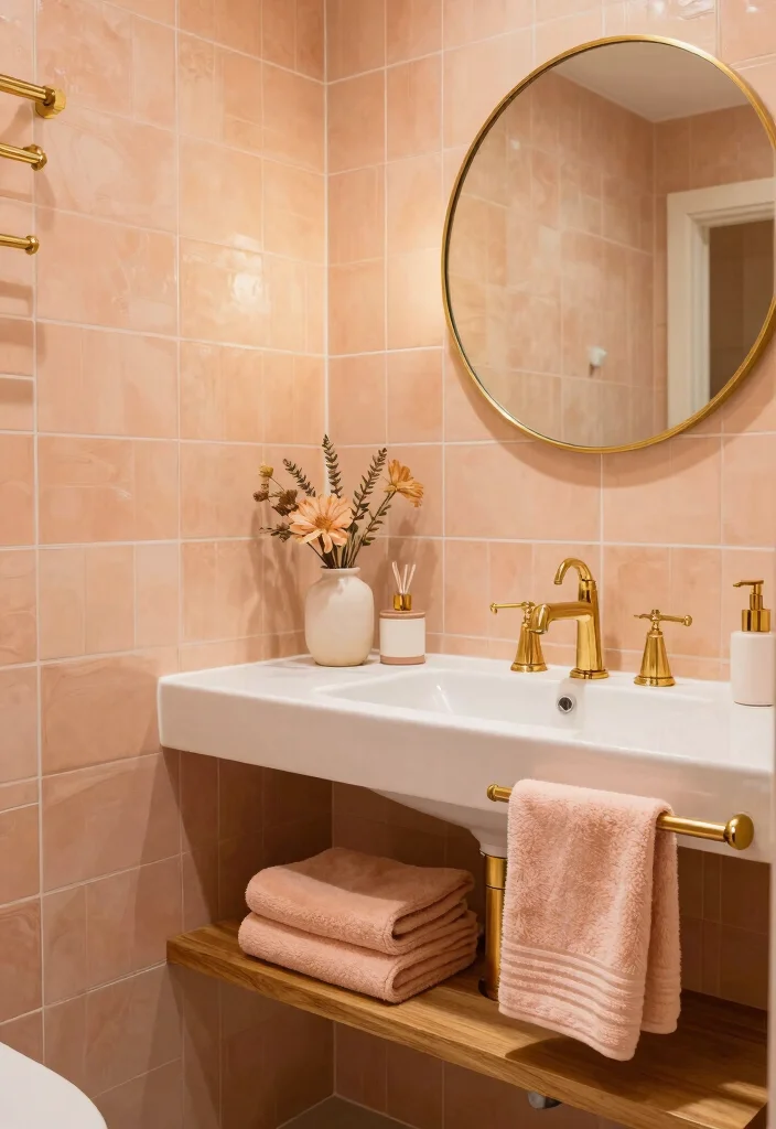 14 Peach Tile Bathroom Ideas With Soft Warm Charm - 6. Accents with Gold Fixtures 1