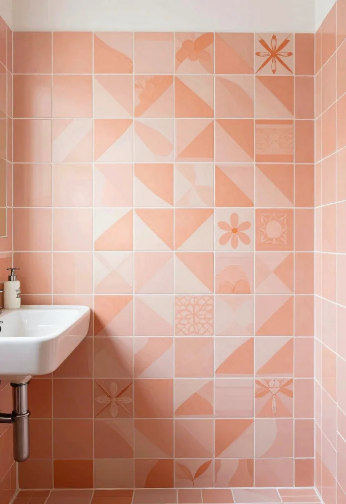 14 Peach Tile Bathroom Ideas With Soft Warm Charm - 8. Artistic Tile Patterns in Peach 1