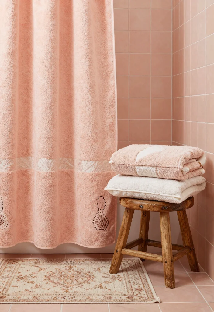 14 Peach Tile Bathroom Ideas With Soft Warm Charm - 9. Layered Textiles for Comfort 1