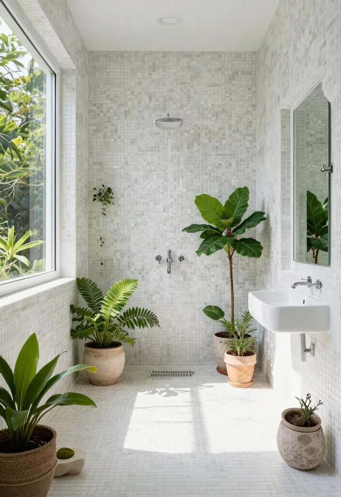 14 White Mosaic Tile Bathroom Ideas That Feel Bright - 14. Outdoor-inspired Oasis 1