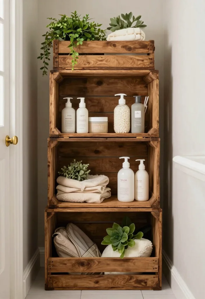15 Bathroom Alcove Ideas For Smart Space Use - 14. Vintage Crates for Rustic Charm 1