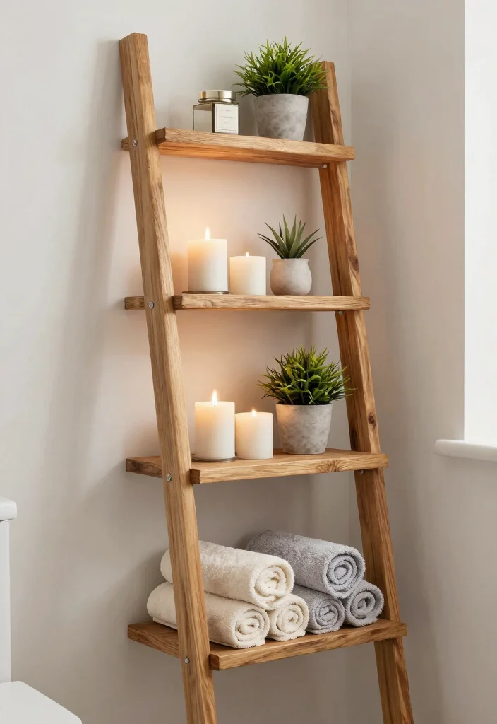 15 Bathroom Alcove Ideas For Smart Space Use - 7. Ladder Shelves for a Rustic Touch 1