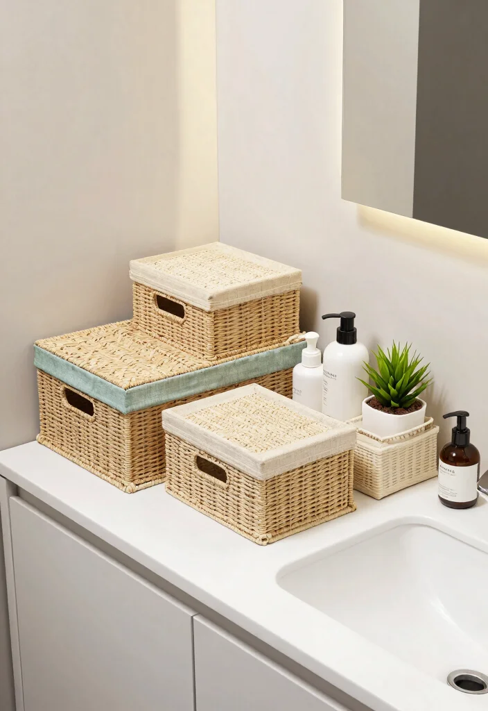 15 Bathroom Vanity With Drawer Ideas For Better Storage - 14. Decorative Storage Boxes 1