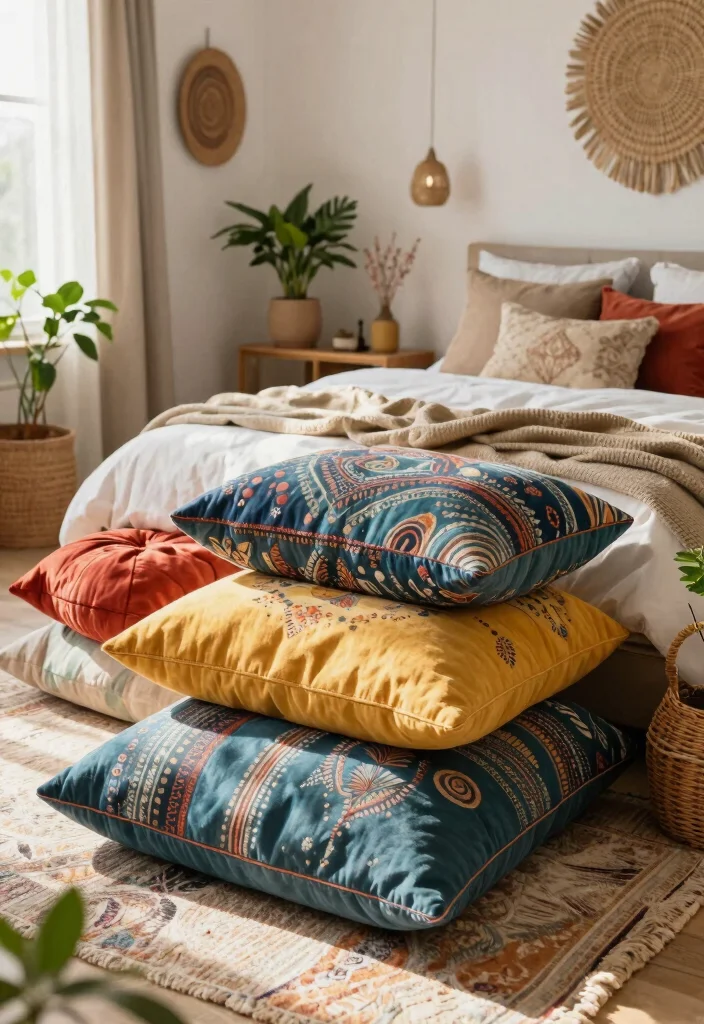 15 Bedroom Without Bed Frame Ideas for a Minimal Relaxed Style - 11. Bohemian Floor Cushions 1