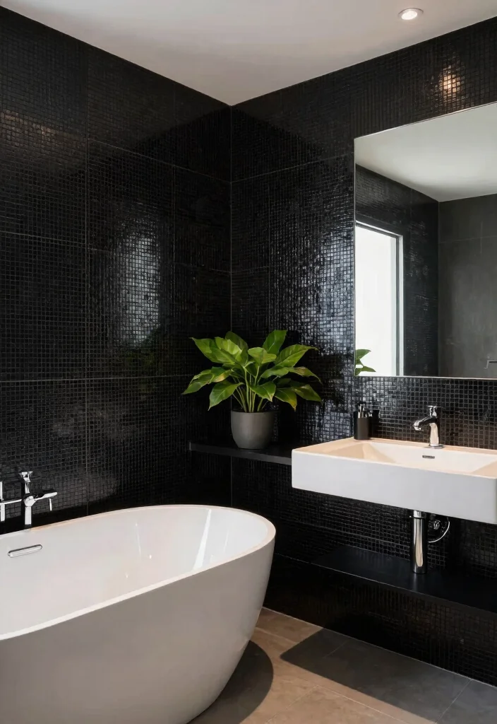 15 Black Mosaic Tile Bathroom Ideas With Dramatic Texture - 1. Sleek Modern Monochrome 1