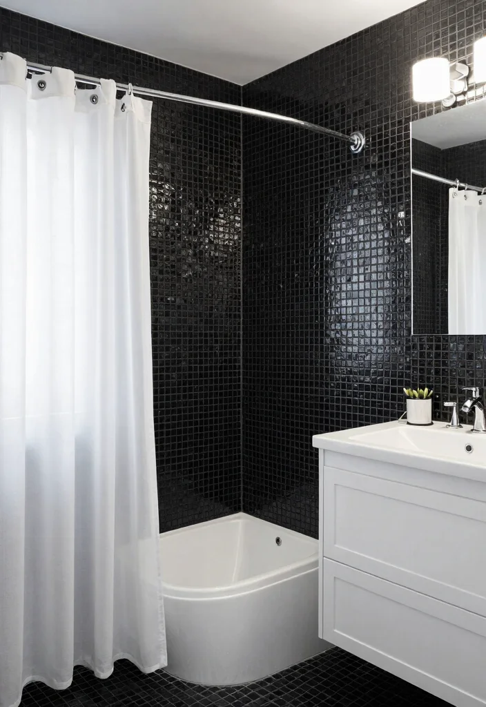 15 Black Mosaic Tile Bathroom Ideas With Dramatic Texture - 11. Monochrome Contrast 1