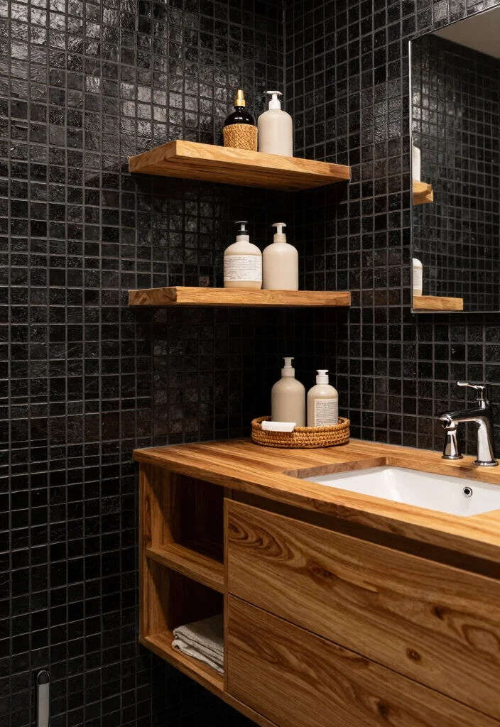 15 Black Mosaic Tile Bathroom Ideas With Dramatic Texture - 12. Incorporating Wood Elements 1