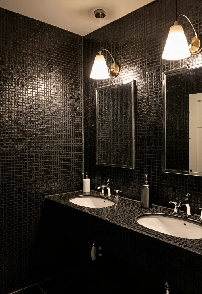 15 Black Mosaic Tile Bathroom Ideas With Dramatic Texture - 13. Elegant Lighting Solutions 1