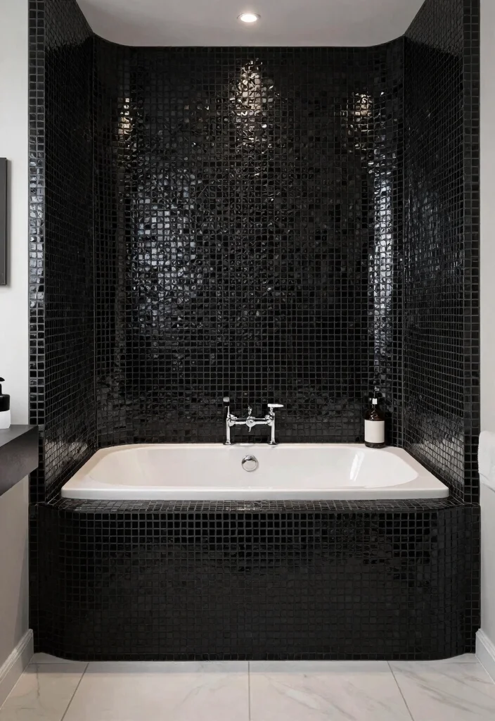15 Black Mosaic Tile Bathroom Ideas With Dramatic Texture - 14. Unique Bathtub Surrounds 1