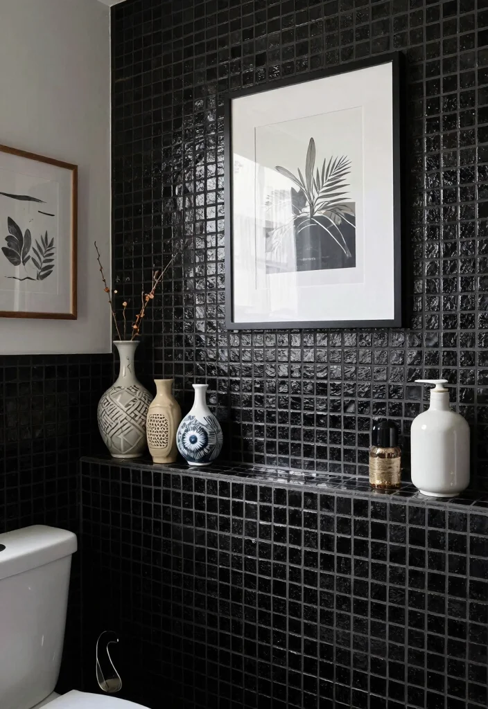 15 Black Mosaic Tile Bathroom Ideas With Dramatic Texture - 15. Personal Touches 1