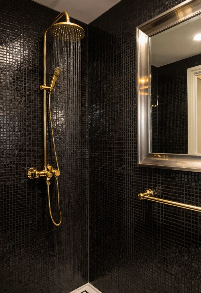 15 Black Mosaic Tile Bathroom Ideas With Dramatic Texture - 6. Luxurious Metallic Accents 1