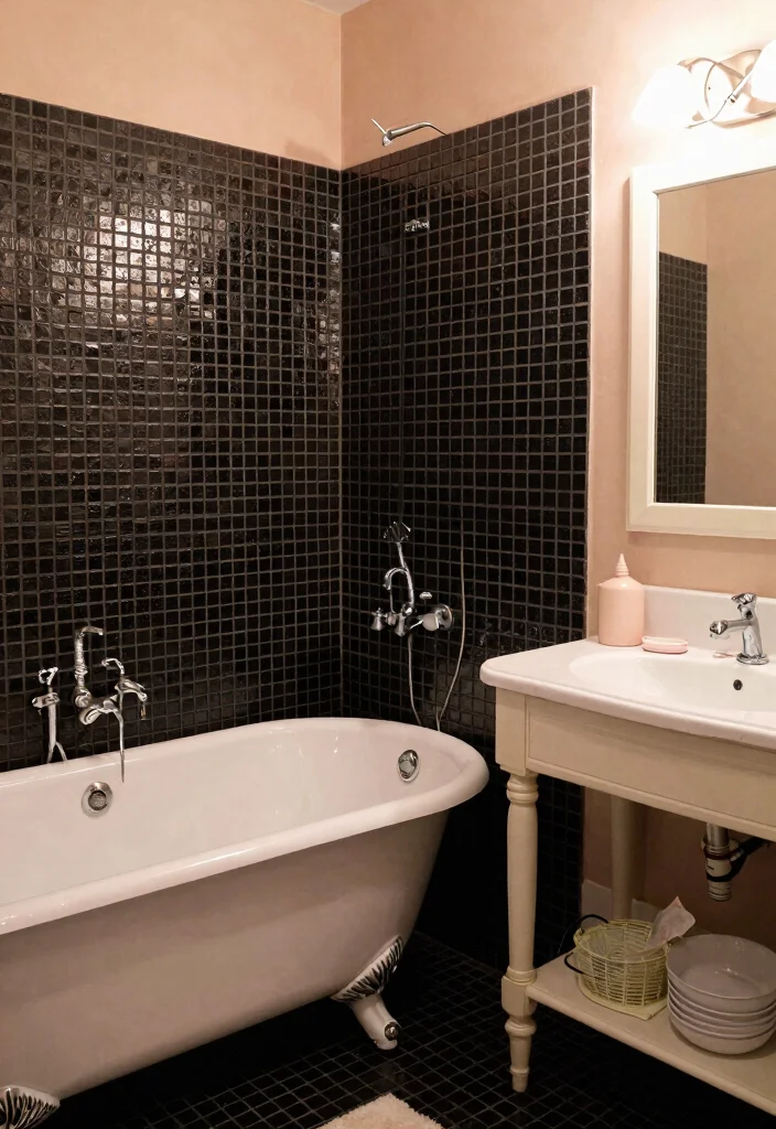 15 Black Mosaic Tile Bathroom Ideas With Dramatic Texture - 7. Vintage Charm 1