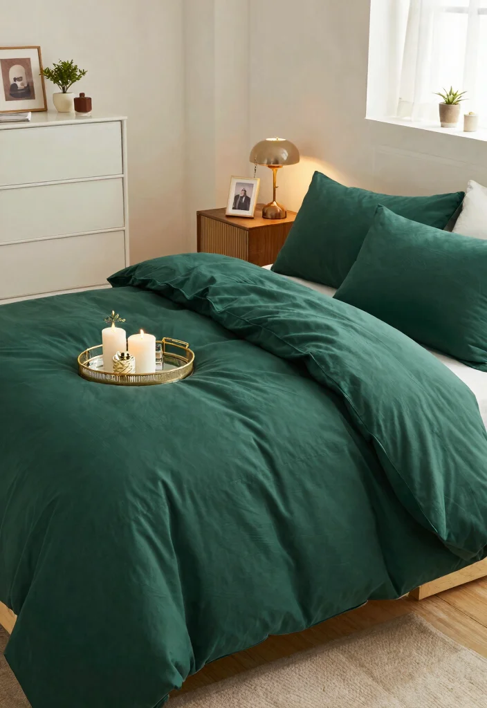 15 Dark Green Comforter Bedroom Ideas for Cozy Moody Style - 10. Curated Accessories 1