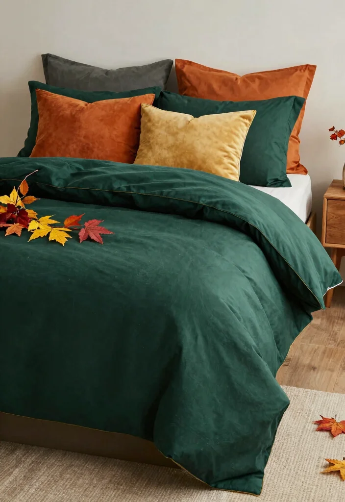 15 Dark Green Comforter Bedroom Ideas for Cozy Moody Style - 12. Seasonal Decor Changes 1