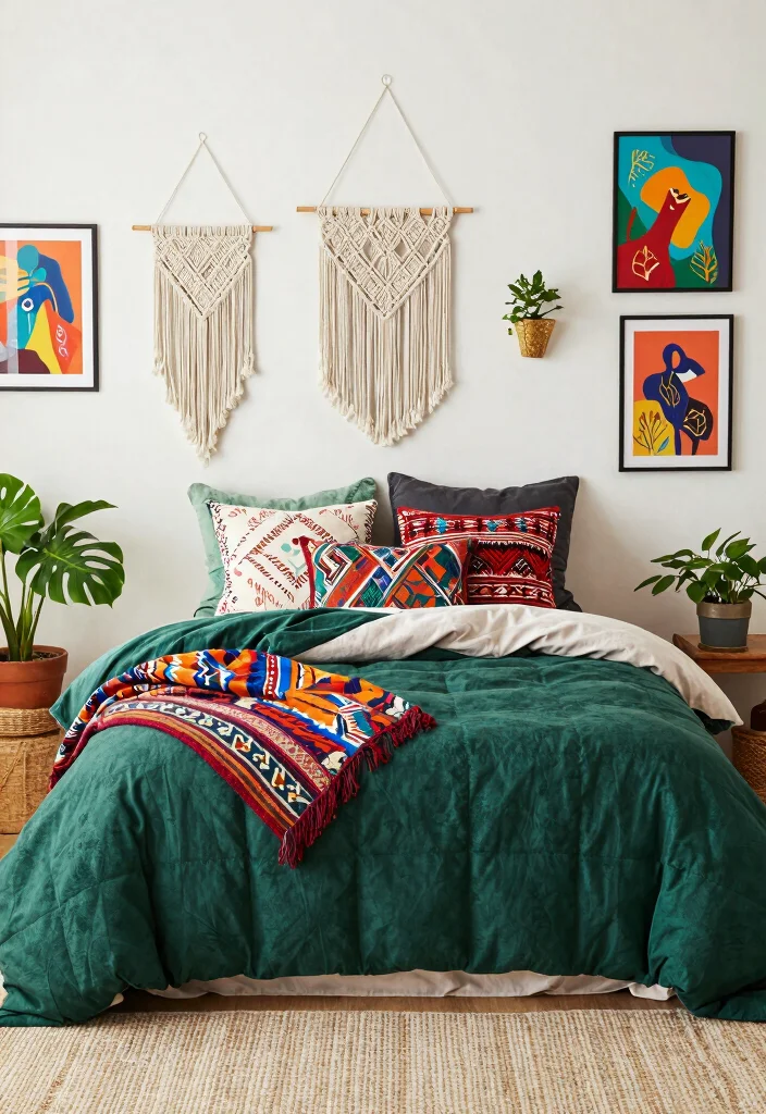 15 Dark Green Comforter Bedroom Ideas for Cozy Moody Style - 5. Boho Textiles 1