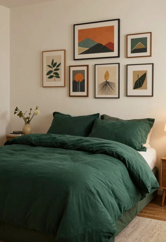 15 Dark Green Comforter Bedroom Ideas for Cozy Moody Style - 8. Incorporating Art 1