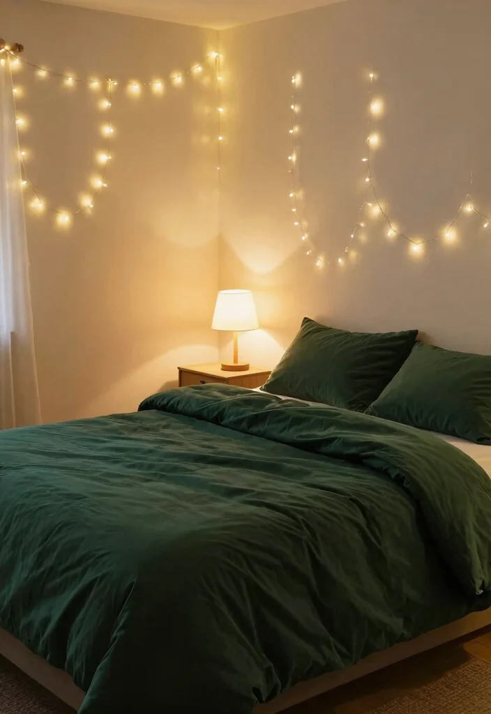 15 Dark Green Comforter Bedroom Ideas for Cozy Moody Style - 9. Cozy Lighting 1