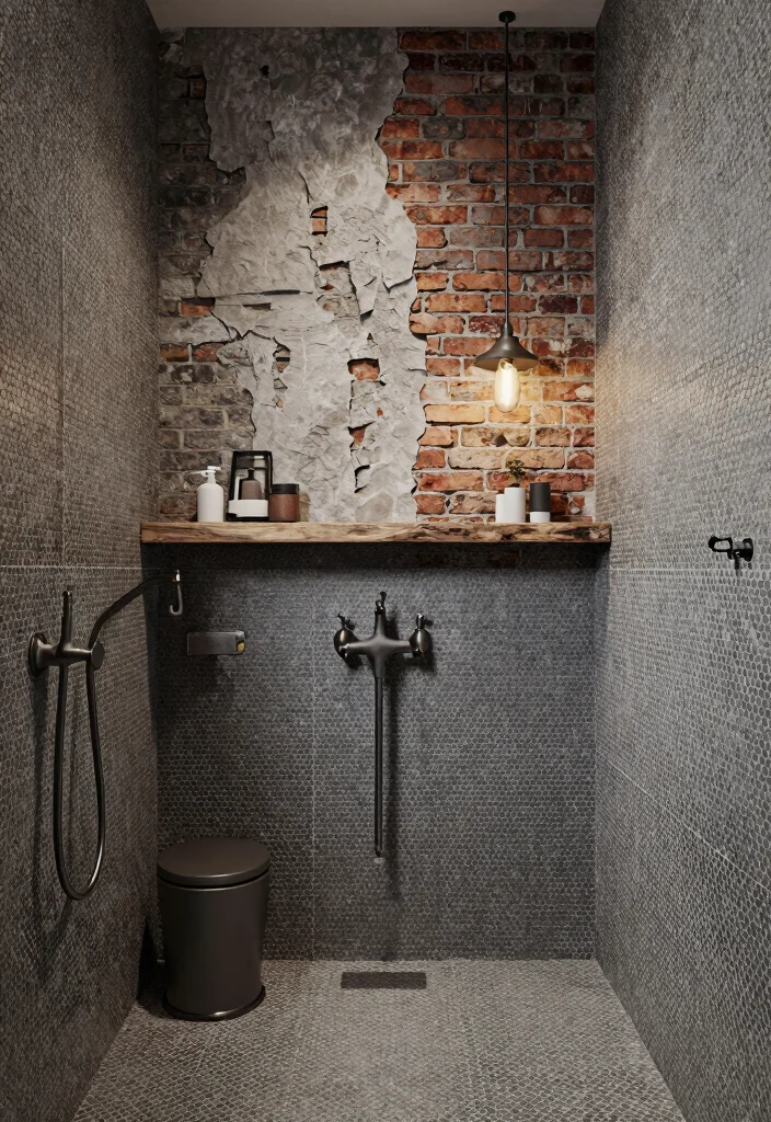 15 Penny Tile Bathroom Ideas With Classic Texture - 11. Industrial Chic with Raw Elements 1