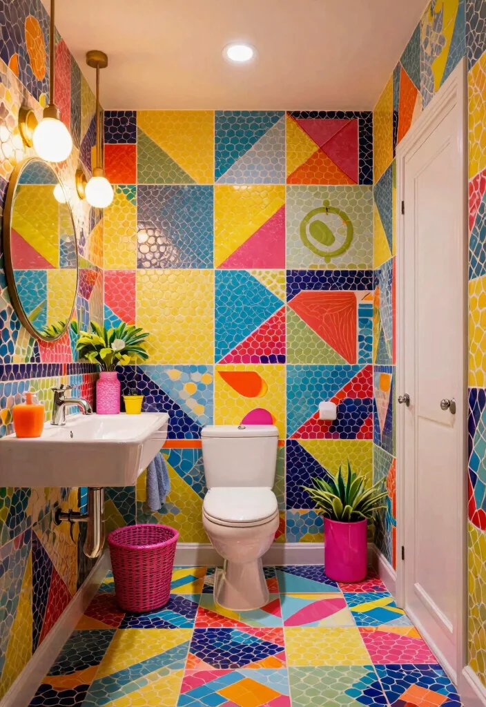 15 Penny Tile Bathroom Ideas With Classic Texture - 12. Retro Revival with Neon Accents 1