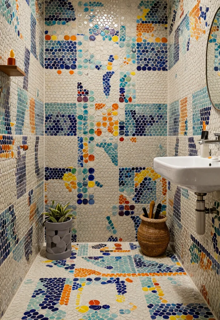 15 Penny Tile Bathroom Ideas With Classic Texture - 15. Personalized Designs with Custom Patterns 1