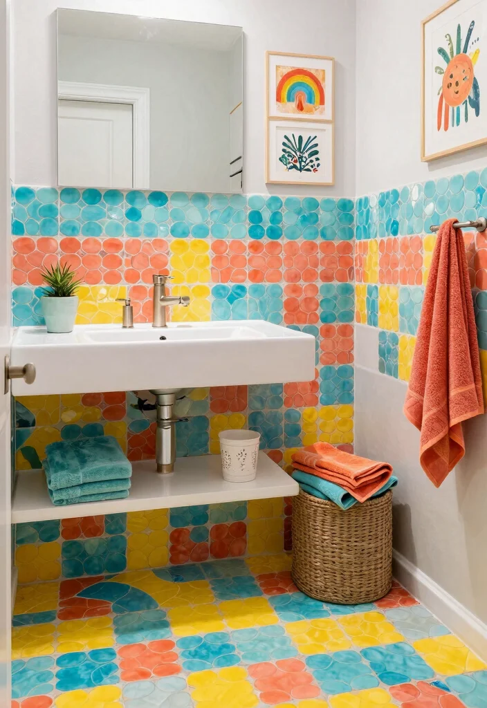 15 Penny Tile Bathroom Ideas With Classic Texture - 2. Vibrant Color Pops 1