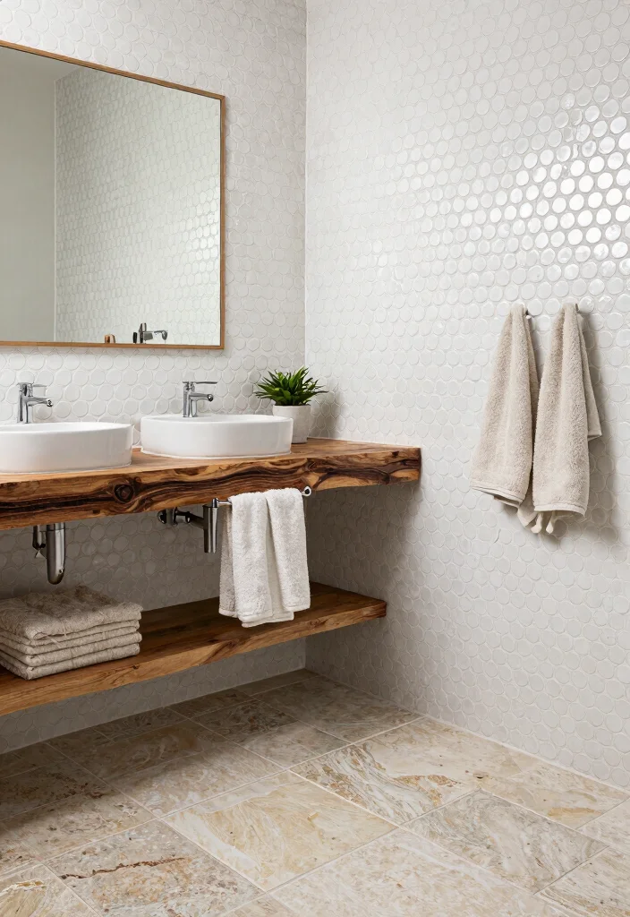 15 Penny Tile Bathroom Ideas With Classic Texture - 3. Textured Layers with Mixed Materials 1