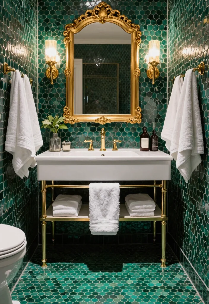 15 Penny Tile Bathroom Ideas With Classic Texture - 6. Vintage Glamour with Gold Accents 1