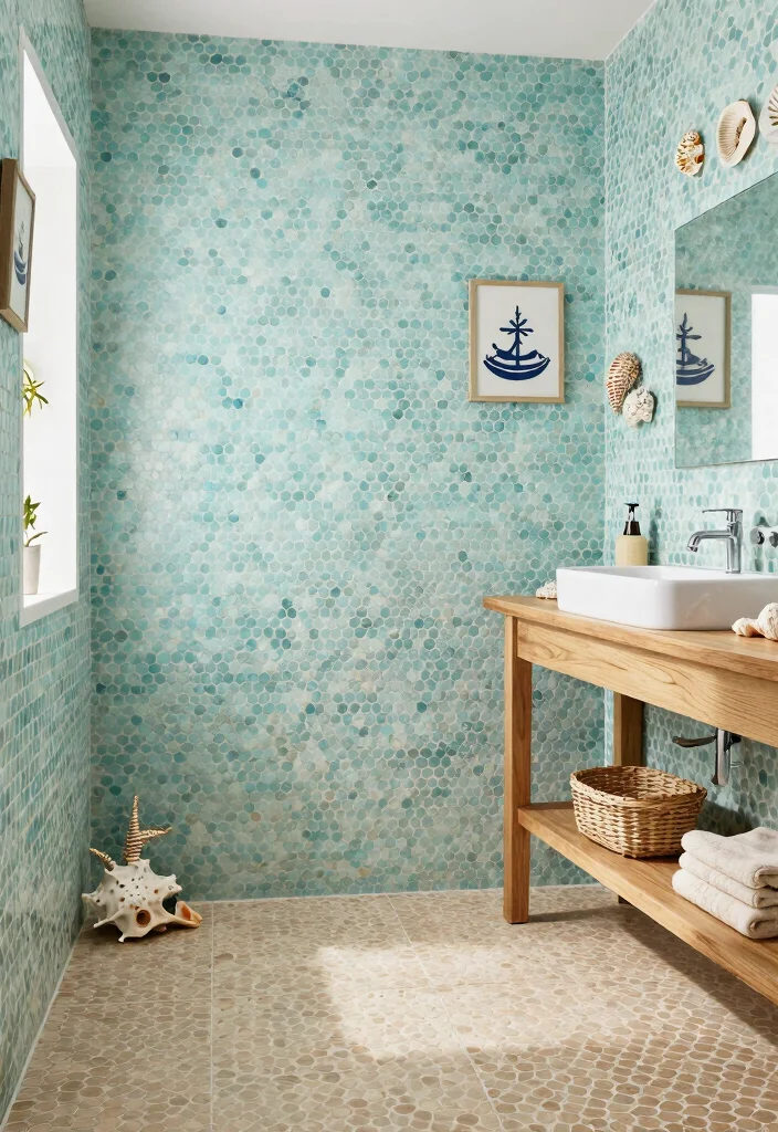 15 Penny Tile Bathroom Ideas With Classic Texture - 7. Nautical Charm with Coastal Colors 1