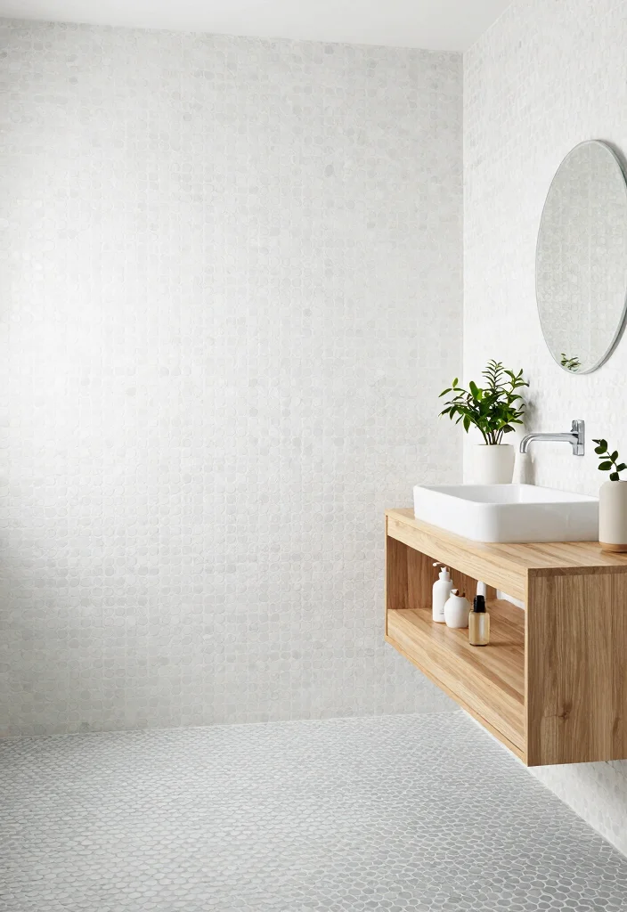 15 Penny Tile Bathroom Ideas With Classic Texture - 8. Minimalist Scandinavian Style 1