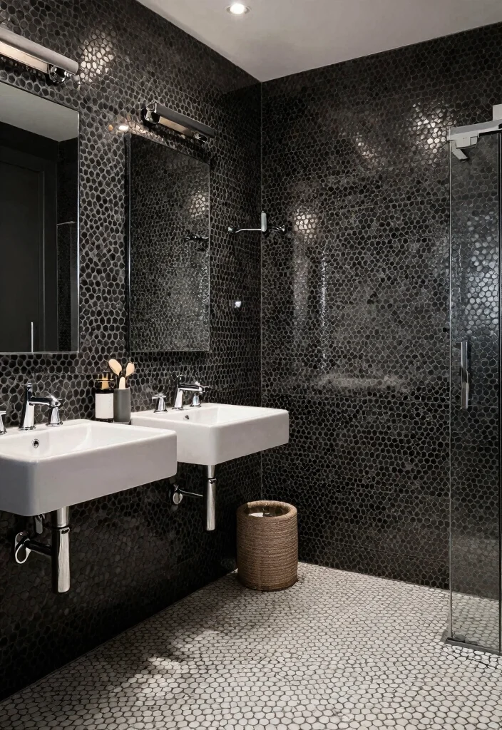 15 Penny Tile Bathroom Ideas With Classic Texture - 9. Bold Contrasts with Dark Tones 1
