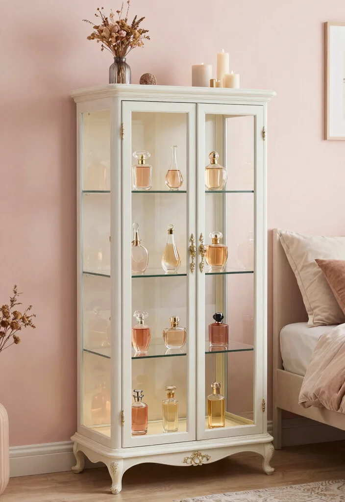 15 Perfume Shelf Ideas for a Bedroom Chic Display - 2. Vintage Glass Cabinets 1