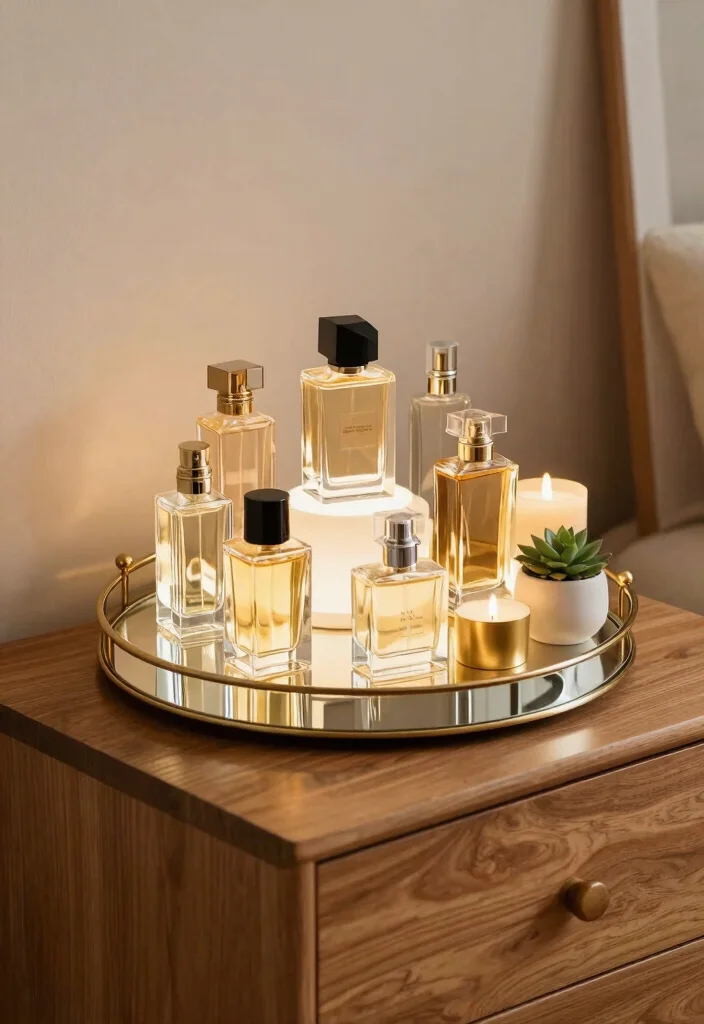 15 Perfume Shelf Ideas for a Bedroom Chic Display - 3. Decorative Trays 1