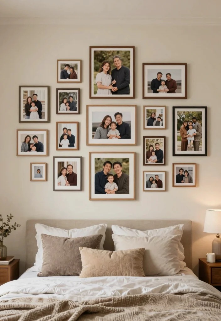 15 Poster Collage Wall Bedroom Ideas: Trendy Personal Style - 11. Artistic Family Gallery 1