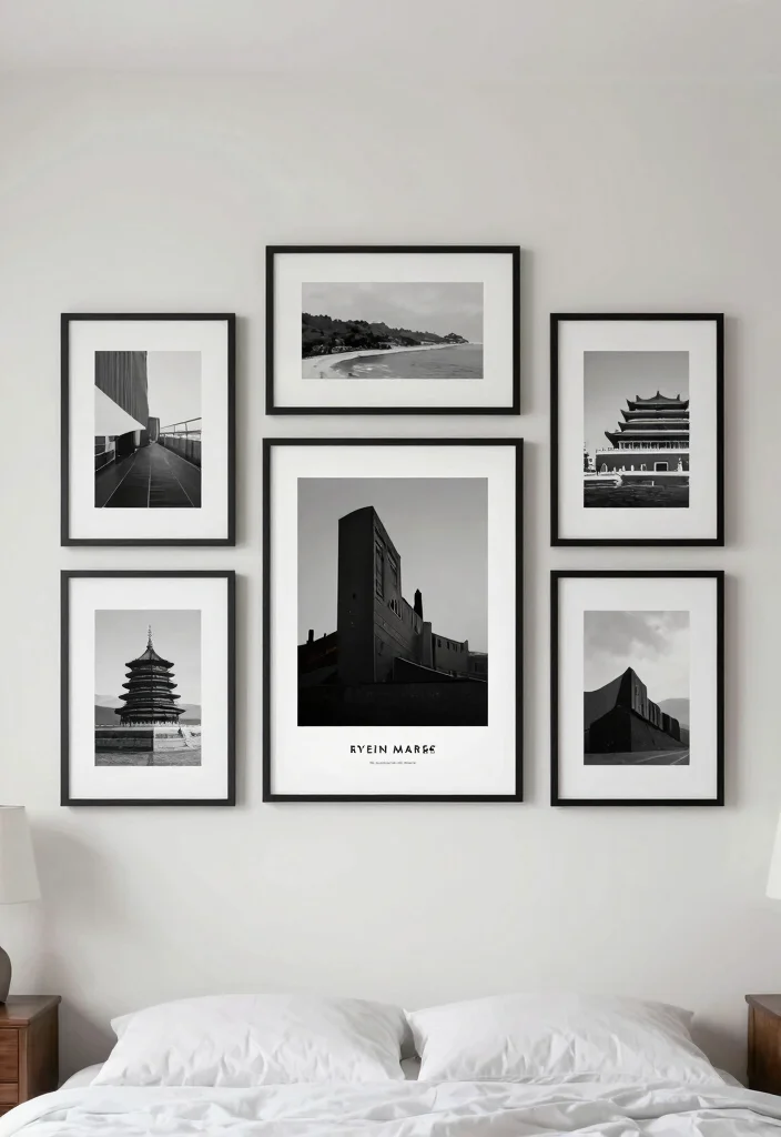 15 Poster Collage Wall Bedroom Ideas: Trendy Personal Style - 13. Symmetrical Arrangement 1