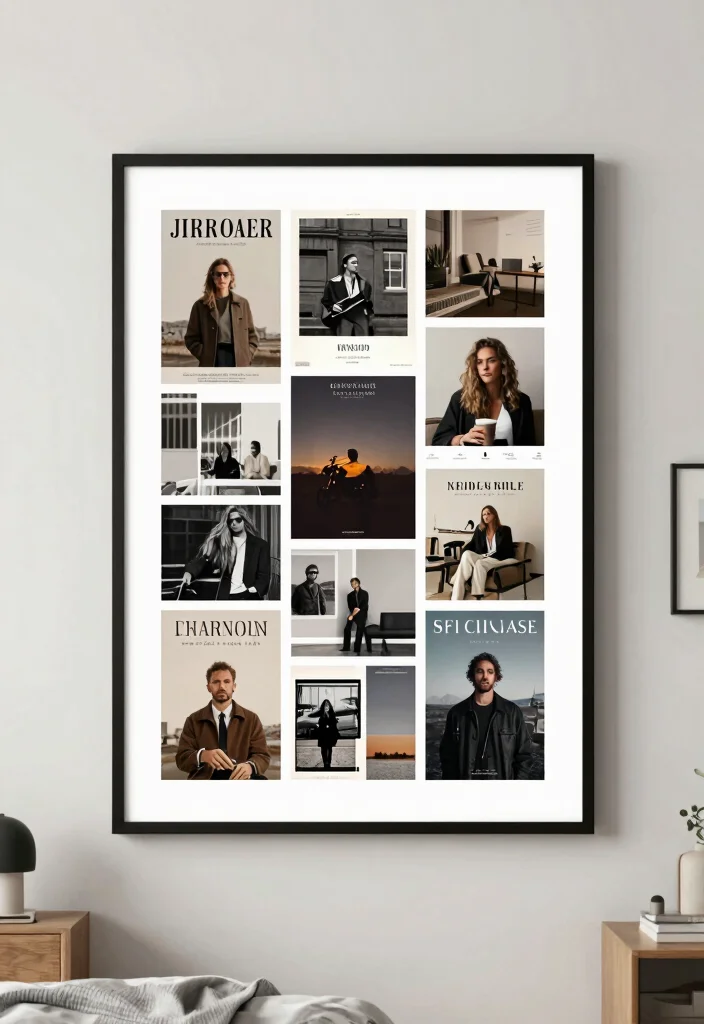 15 Poster Collage Wall Bedroom Ideas: Trendy Personal Style - 14. Collage Within a Frame 1