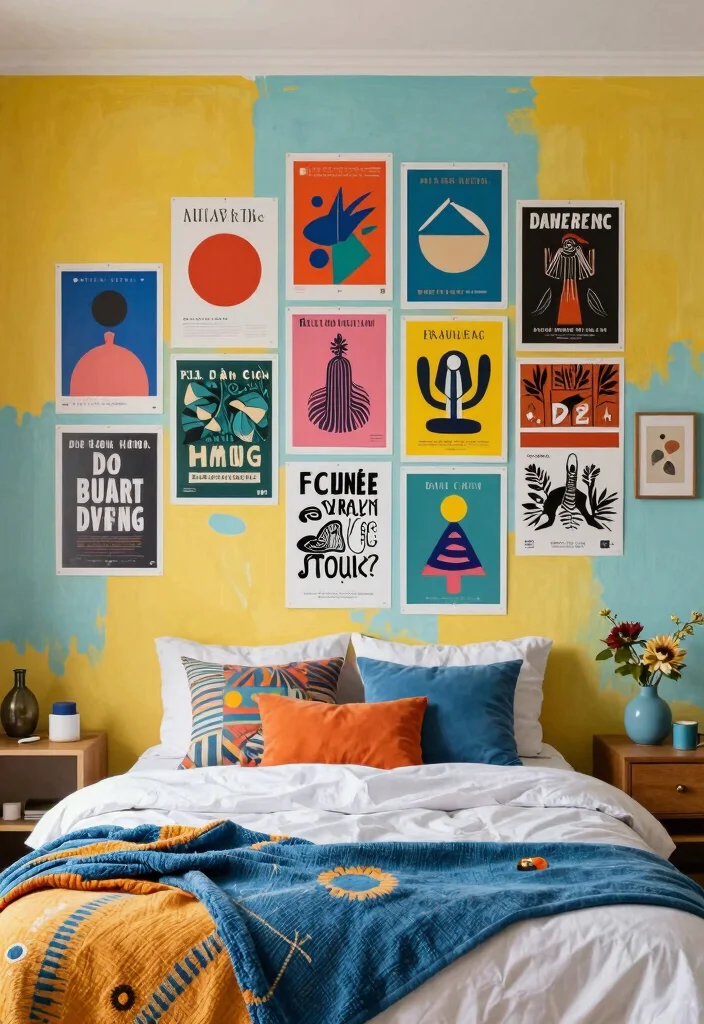 15 Poster Collage Wall Bedroom Ideas: Trendy Personal Style - 15. DIY Painted Backdrop 1
